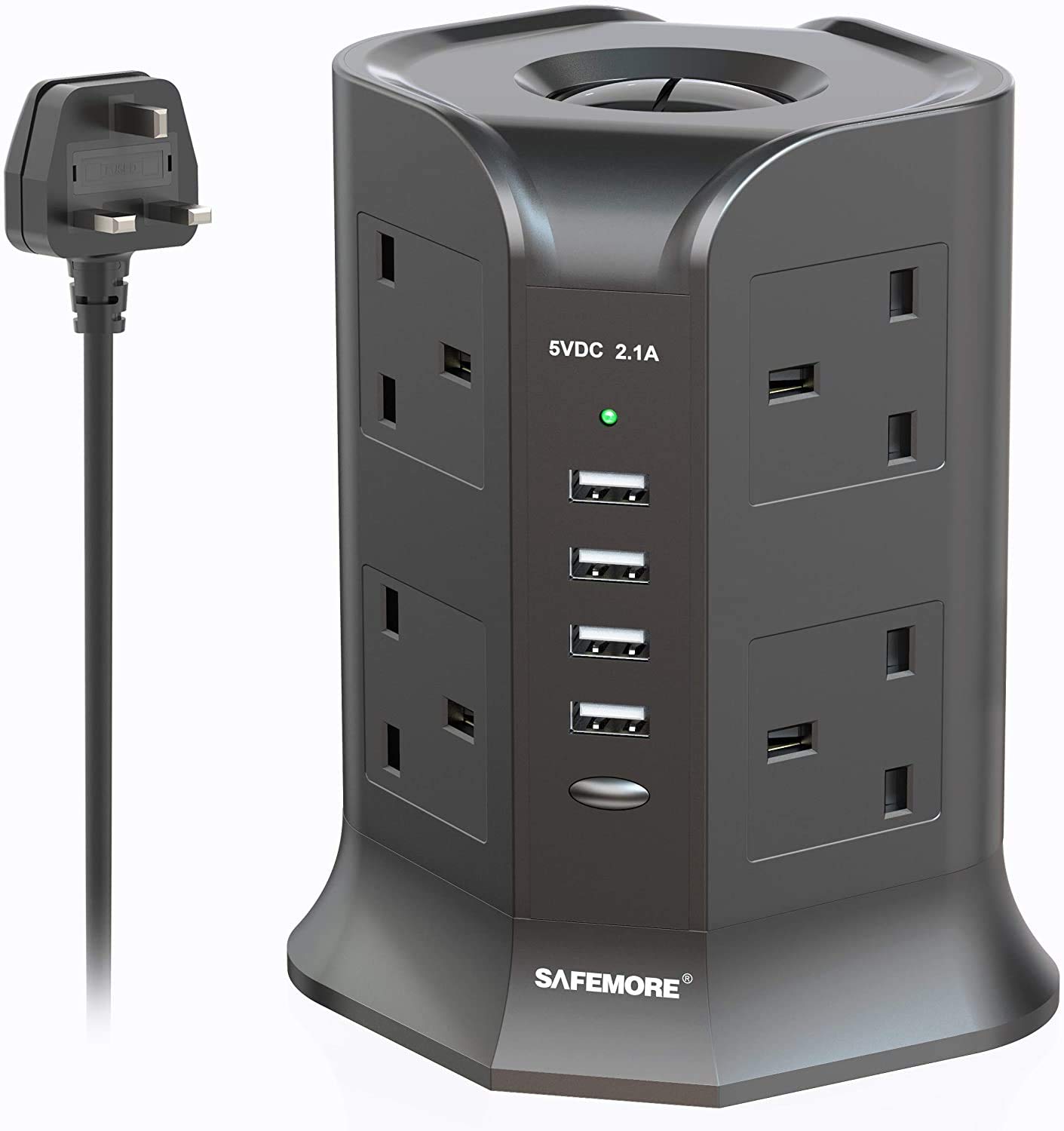 SAFEMORE Extension Lead Tower Surge Protectors 8 Way Outlet Multiple Plug Sockets 4 USB (2.1A Output) with 6.5ft/ 2M Extension Cable for Home Appliances and Office Use 2500W (Black)