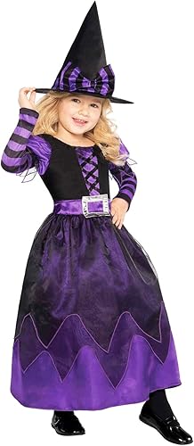 Disfraz de bruja de Halloween para niñas, vestido de bruja morado con sombrero para niños pequeños, disfraz de fiesta de Halloween