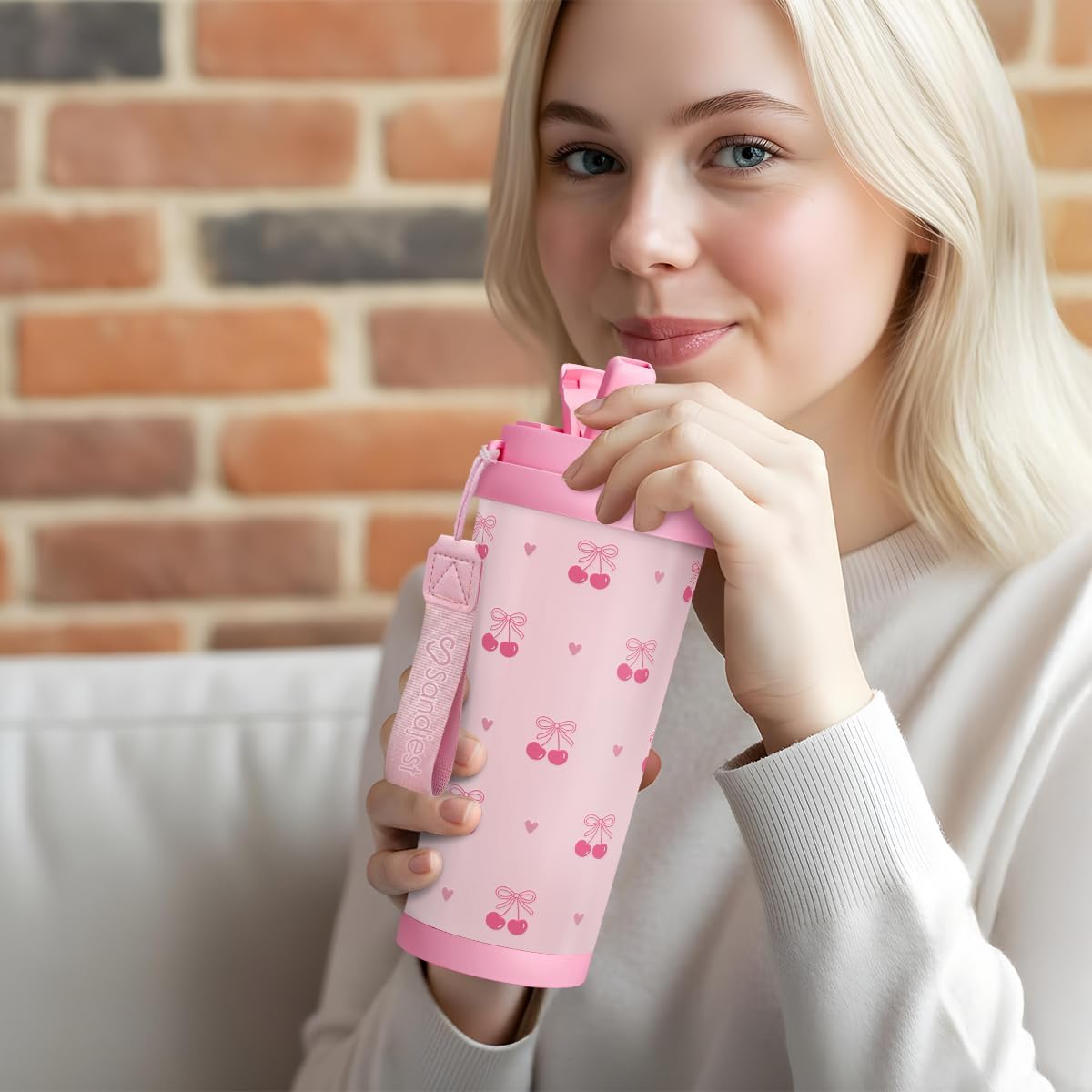 SANDJEST Cherry Tumbler - Stainless Steel 2-in-1 Lid Coffee Tumbler 18 oz, Insulated Travel Mug Gift for Women Girls Teen Mother, Birthday Christmas - Image 6