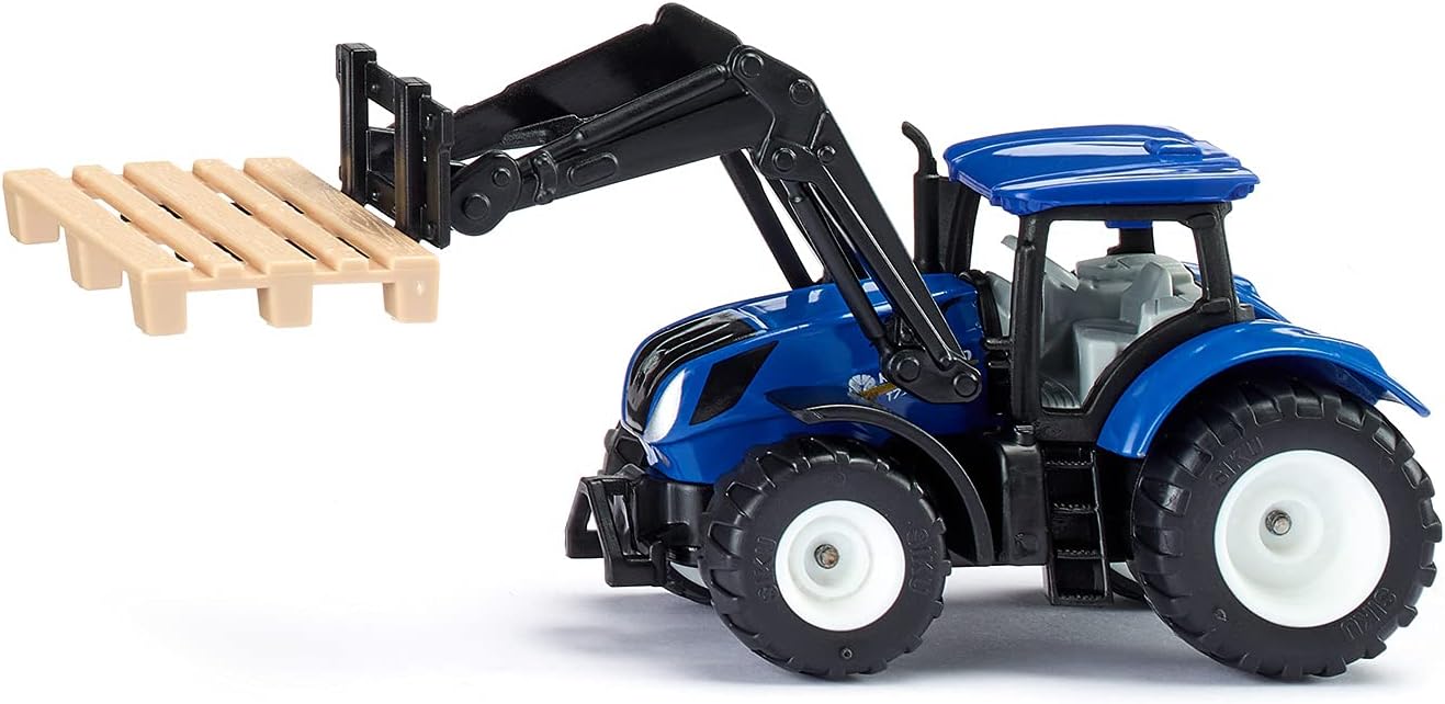 1544, New Holland Tractor with Pallet Fork and Pallet, Metal,Plastic, Blue, Toy Tractor for Children, Movable Front Loader