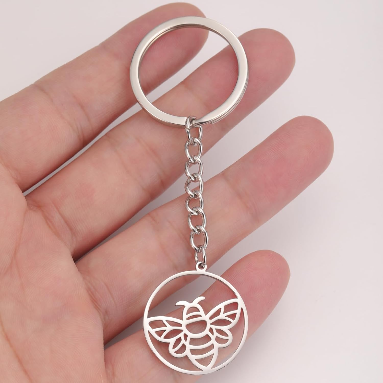 Stainless Steel Honey Bee Keychains Gifts Round Insect Keyring Purse Handbag Accessories Charms for Women - Image 2