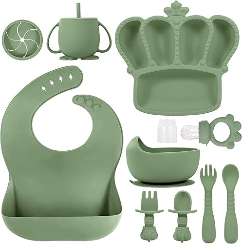 Miniatura 8 de BXLL Juego de Alimentación para Bebés de Silicona Verde de 10 Piezas - Suministros de Destete Dirigido por el Bebé con Tazón con Ventosa, Plato