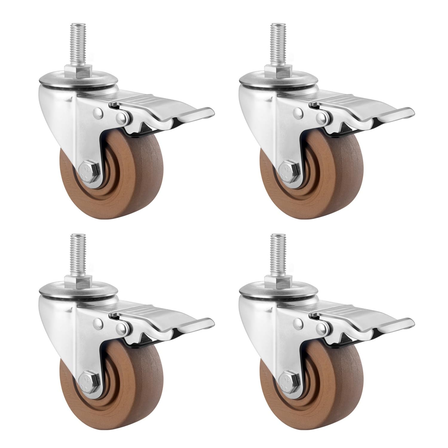 Set di 4, 75/100/125 mm Ruote Girevoli per Carichi Pesanti, con Stelo Filettato M16, Ruote in Nylon Industriale, con Freno, per Carrello da Cucina, Carrelli(Brake,4inch)