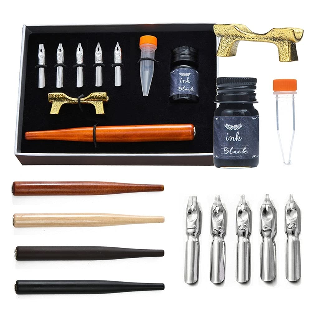 1 Set Stylo Plume Calligraphie Rétro avec 5 Plumes Kit d'encre Coffret Cadeau pour Lettrage Esquisse Dessin Papeterie (Couleur : C) (B) (A)