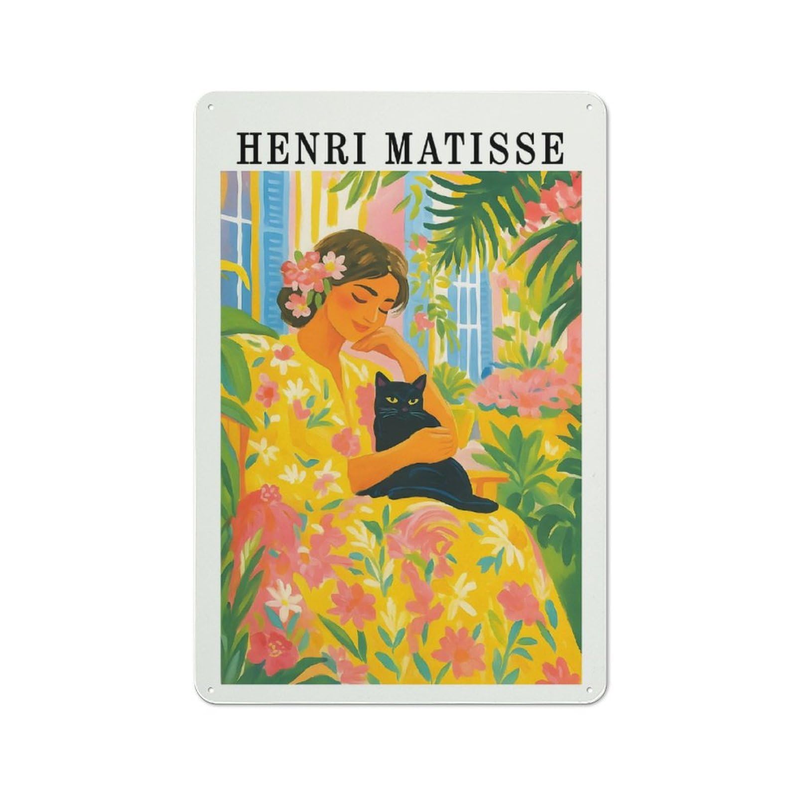 Junmoney Style-8 Tin Wall Plaque 30X20cm With Henri Matisse Woman With Black Cat For Hallway Wall, Suited To Wall Displays In Hallways And Entrance Areas