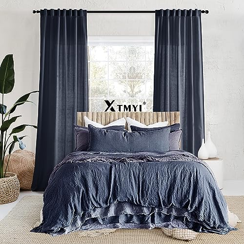Image of XTMYI Navy Blue Short Length Curtains for Windows,Linen Sheer Cutains for Bedroom Kitchen,45 Inch Long