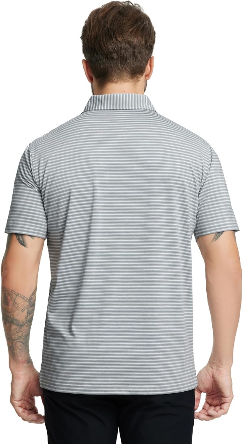 M MAELREG Golf Polo Shirts for Men Stripe Performance Moisture Wicking Dry Fit Collared Mens Polo Shirts Short Sleeve