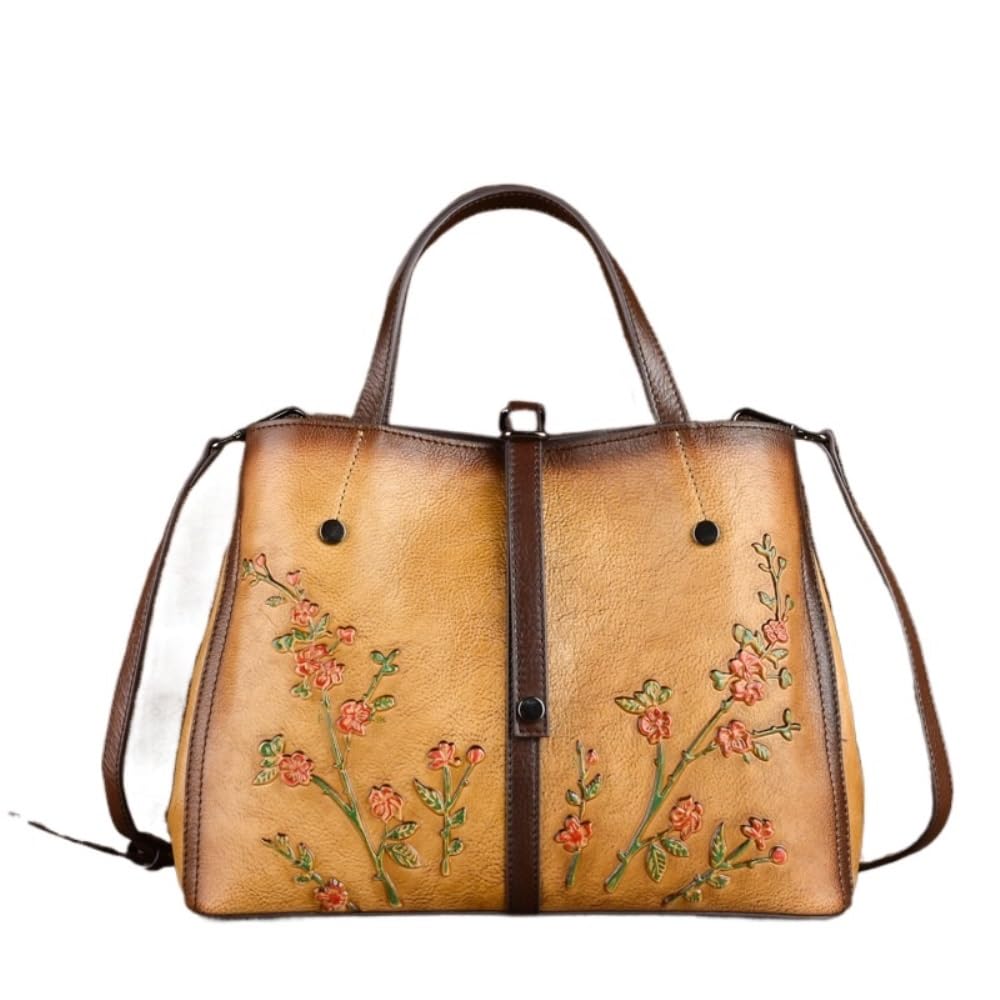 mmaili Minimalist Women's Genuine Vegetable-Tanned Leather Tote Bag - Capacity Multi-Compartment Handbag(Yellow)