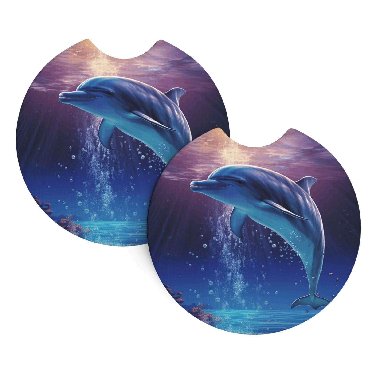 2 Pack Car Coaster for Cup Holders Ocean Dolphin Car Cup Coaster 2.7" Neoprene Non-Slip Automotive Cup Mat Universal Auto Car Interior Accessories for Women Men Cup Pad