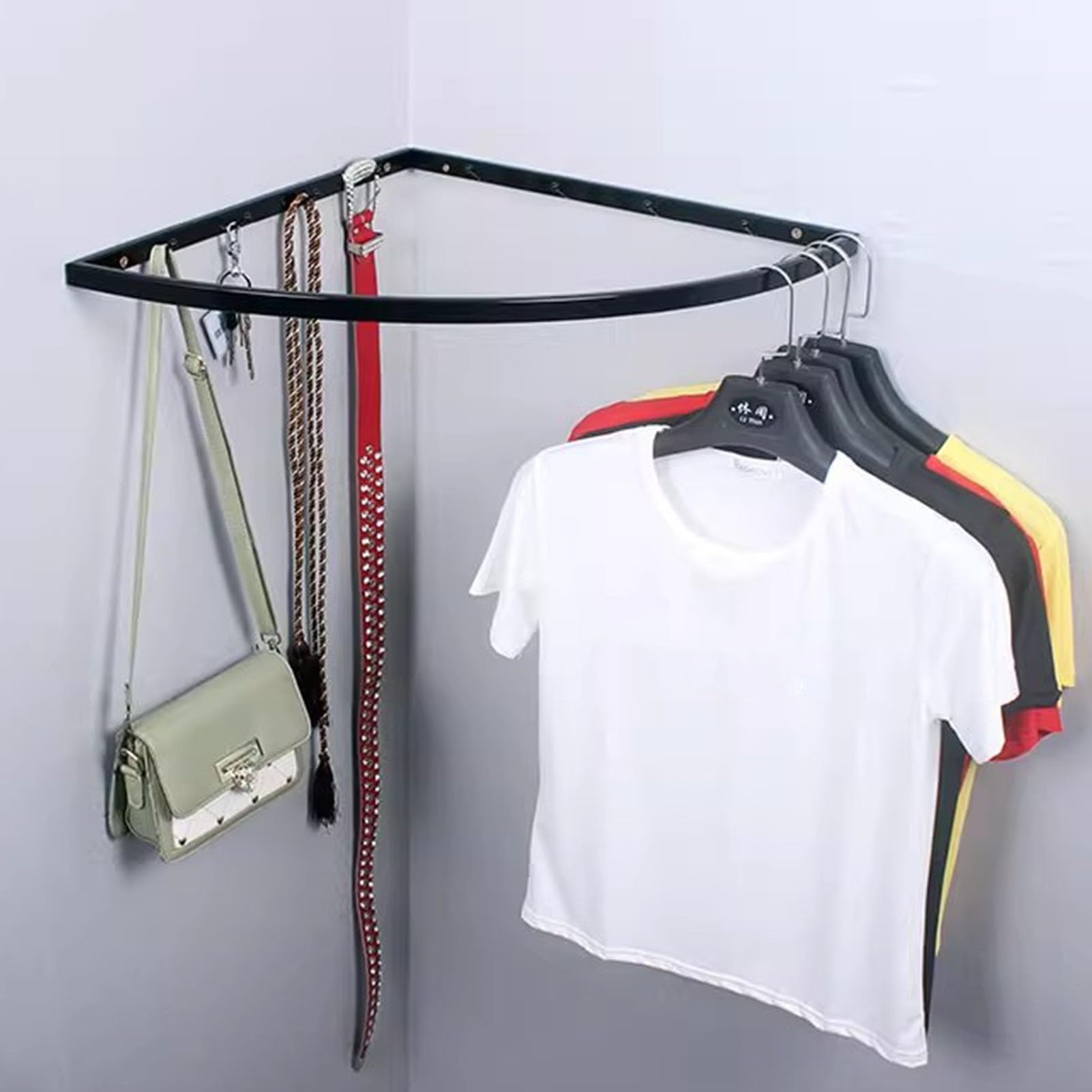 Closet Rod Right Angle Wardrobe Hangers Rail for Clothes, Space Saving Corner Closet Pole Support Bracket, Metal Wall Garment Clothes Rack Bar with Hooks(Black,30cm(11 3/4