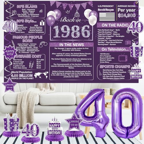 Image of Crenics Purple 40th Birthday Decorations for Women - Back in 1986 Backdrop, Banner, Swirls, Centerpieces, Sash, Paper Pom Poms, Cake Topper and Balloons for 40 Birthday Party Supplies