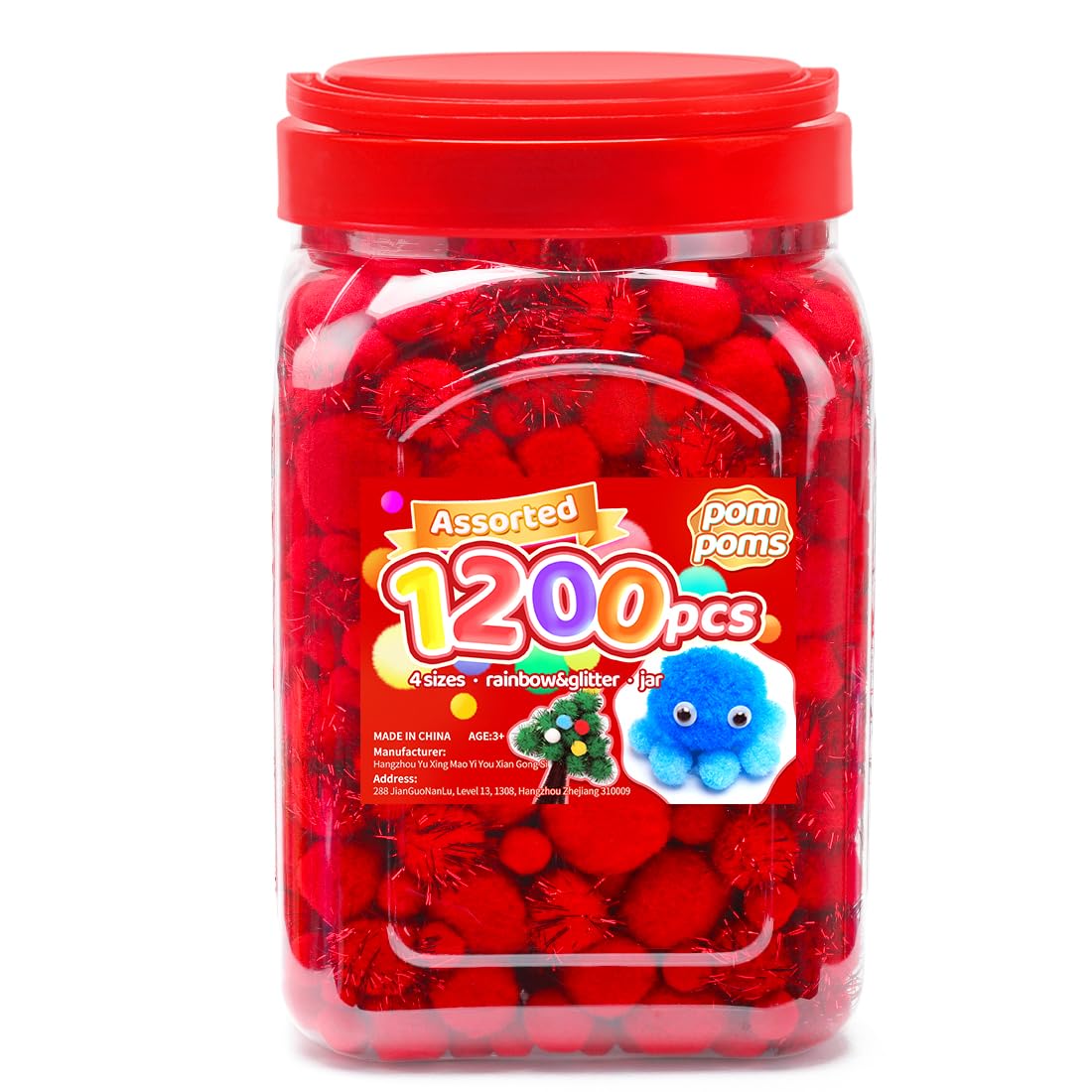 Iooleem Red Pom Poms, 1200pcs Assorted Size Pompoms,Pom Poms for Arts and Crafts, Pom Pom Balls with Wiggle Eyes in jar, Glitter Pom Poms, Craft Supplies.