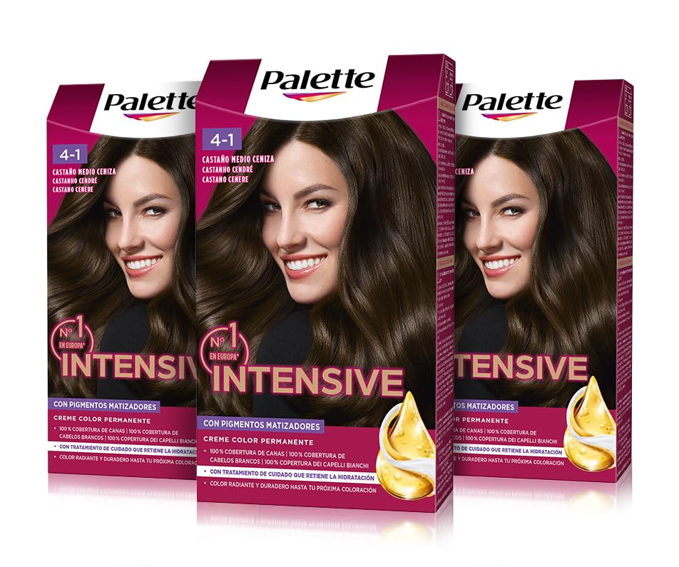 Palette Intensive Creme Color 4-1 Castaño Medio Ceniza, tinte de pelo permanente con aceite de macadamia y almendras, cubre el 100% de las canas y raíces, para un color radiante, Pack 3