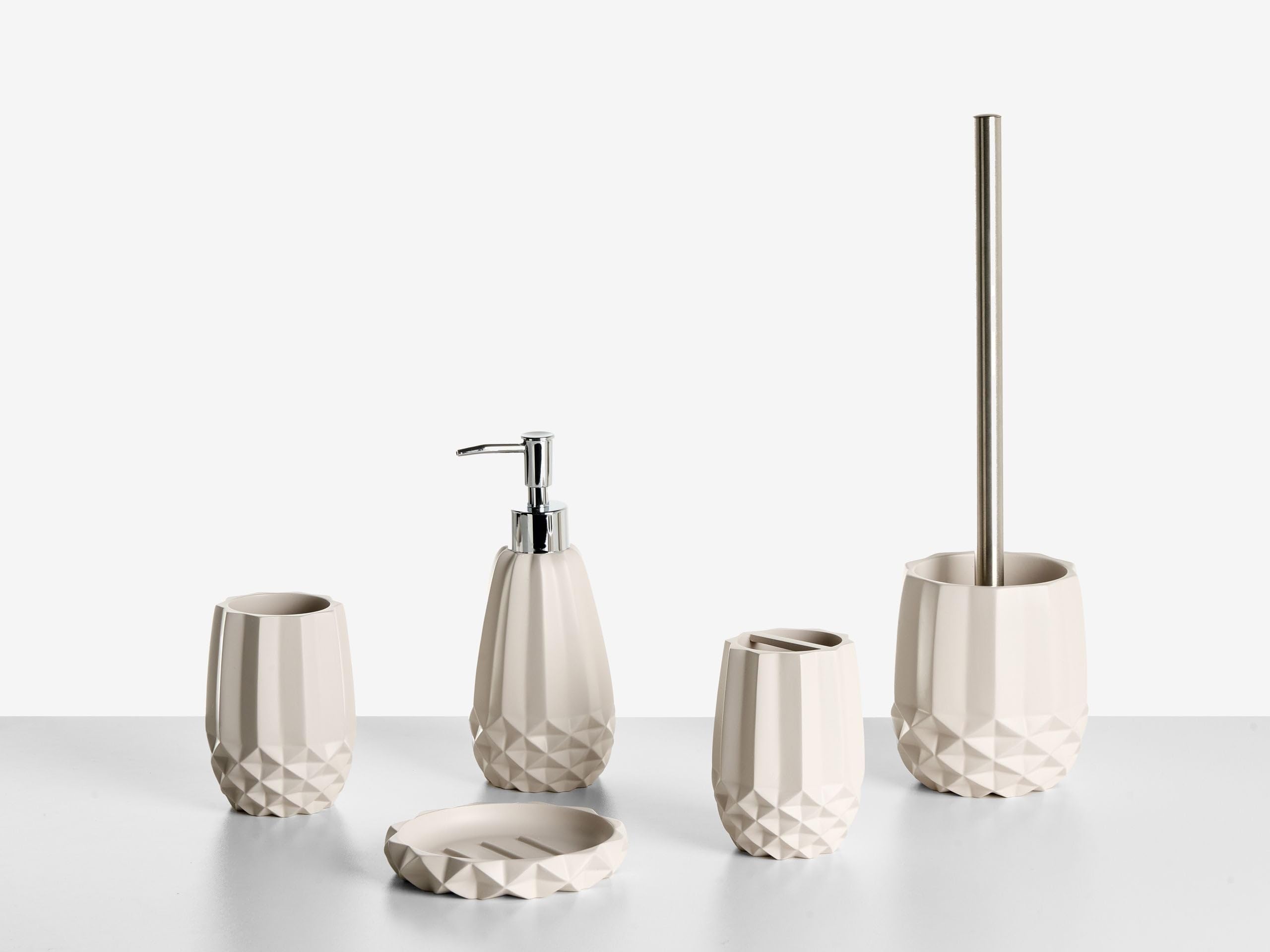 Conjunto de 5 Accesorios de baño jabonera dispensador de jabón escobilla de Inodoro Vaso Soporte para cepillos de Dientes Beige Samiria