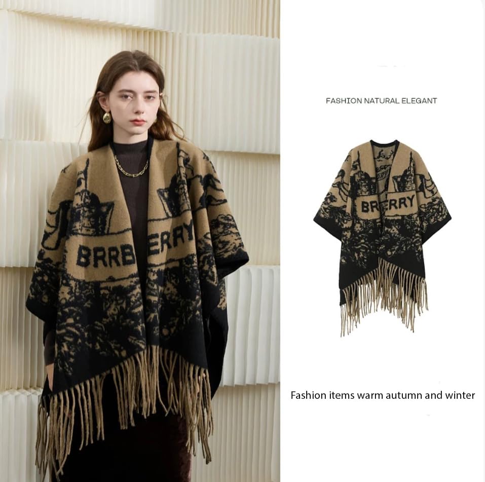 New Retro Color Fringe Scarf Cape Double-sided Cape Scarf with Long Extended Cape for Warmth Featuring Equestrian and Knightly Patterns Design2