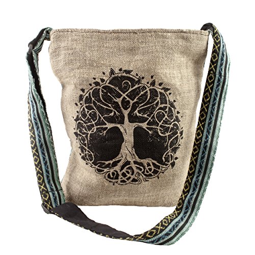Tree of Life Canvas Crossbody Sling Purse with Tranquil Boho Stripes, Made with Hemp and Cotton, Great For Festivals, Beach, Everyday Wear & More One Size