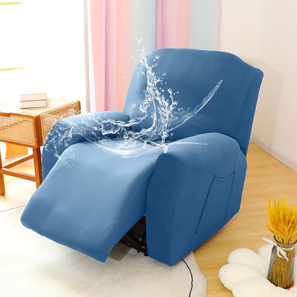 Chickwin Recliner Chair Cover 1/2/3 Seater, Recliner Sofa Covers with Pockets, Elastic Recliner Chair Covers for Electric Chair, for Living Room Furniture Protector Pets (Three Seat,Blue)