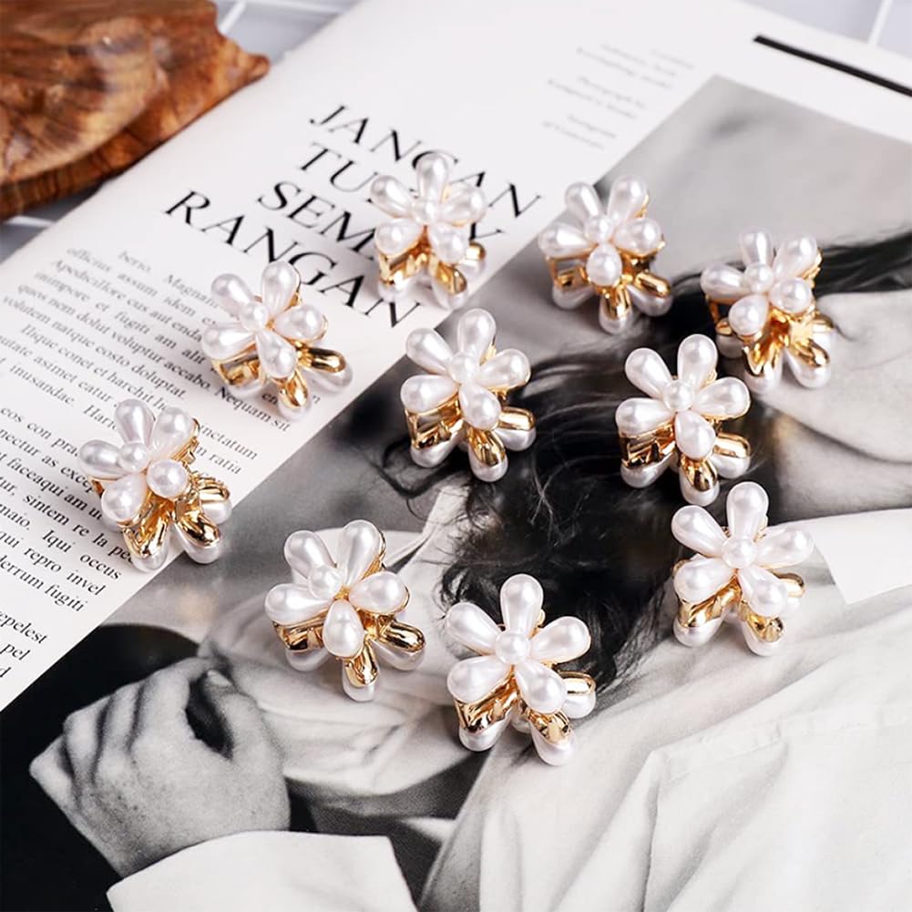 10Pcs White Metal Mini Flower-Shaped Pearl Claw Clips Floral Design Pearls Hair Jaw Clamps Non-Slip Small Flowers Barrettes Hair Holders - Image 4
