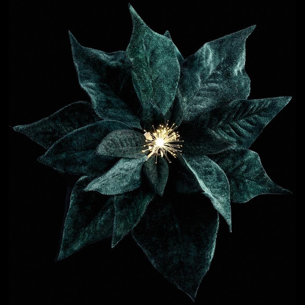 9" Velvet Poinsettia Battery Operated Fiber Optic Light Artificial Clip-On Flower -Green (Pack of 12)