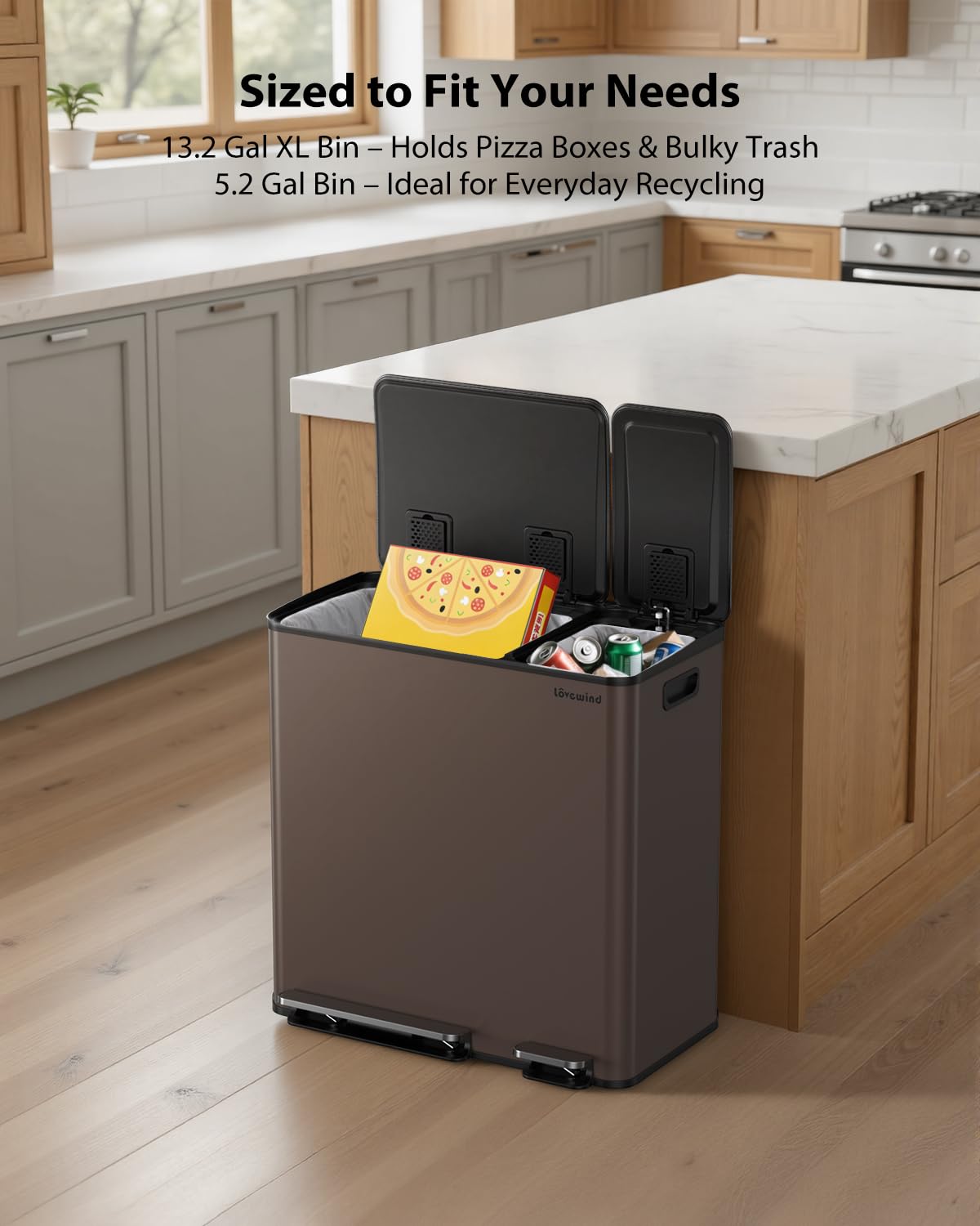 Dual Trash and Recycling Bins for Kitchen, 13.2 + 5.2 Gal (50+20L) Stainless Steel Trash and Recycle Bin Combo with Soft-Close Lid, Large Garbage Cans for Kitchen Home with 2 Magnets Sticker, Brown