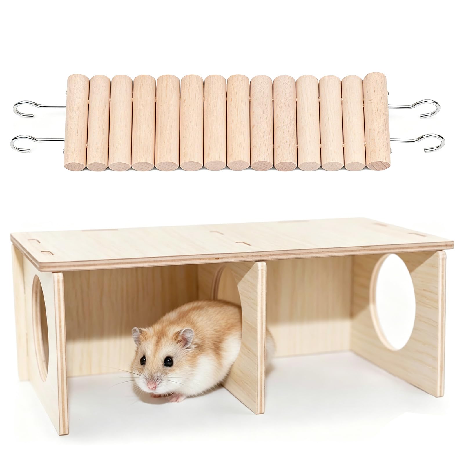 3 Chamber Hamster Hide，Natural Wooden Platform with Bridge - Small Animal Cage Accessories for Syrian Hamster, Rat, Mice，Gerbil (Large-Syrian Hamster)