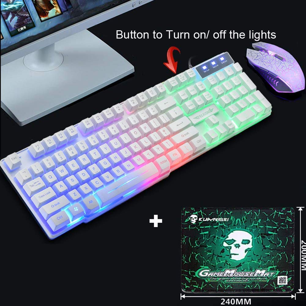 Clavier de Jeu USB rétroéclairé Filaire+Souris de Jeu LED Arc-en-Ciel Optique à 6 Boutons 2400 DPI+Casque de Jeu stéréo+Haut-parleurs RVB+Tapis de Souris Ensemble 5 en 1 (Blanc)