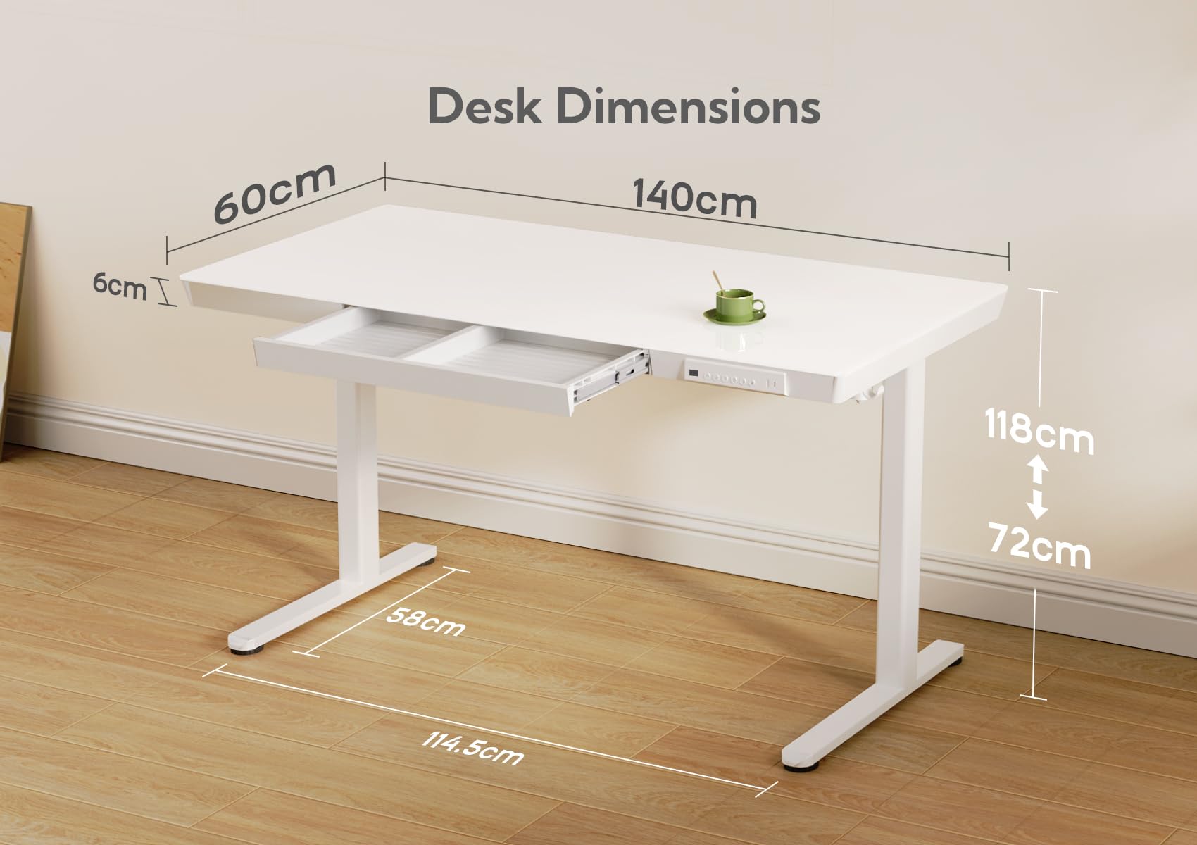 Claiks Glas Höhenverstellbarer Schreibtisch, 140x60 cm – Gehärtete Sicherheitsglas-Tischplatte, USB/Type-C & 4 Memory-Tasten, Standing Desk, Ergonomischer Steh-Sitz-Schreibtisch für Homeoffice, Weiß