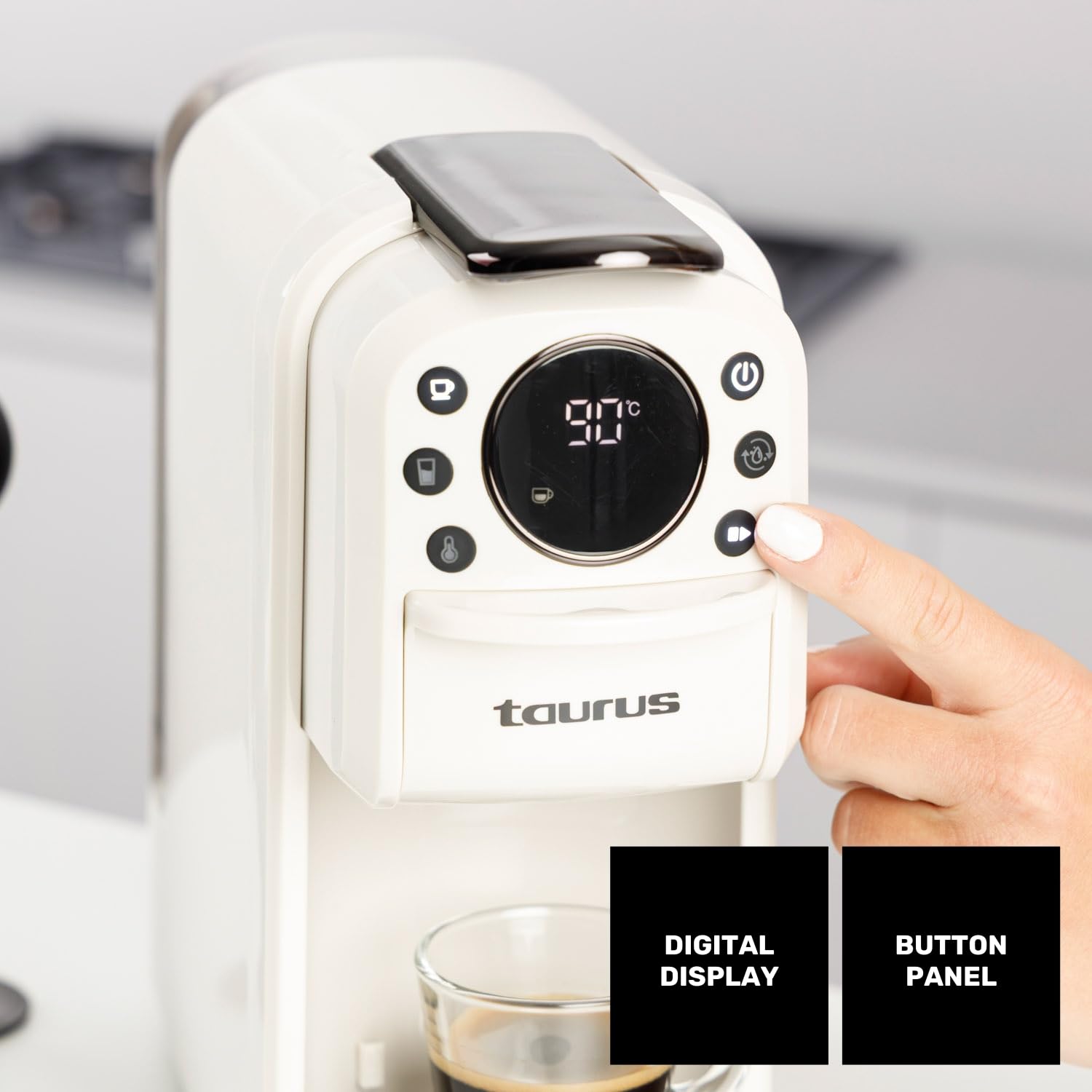 Taurus Moka Bari ekspres do espresso, kawa mielona i kapsułki Nespresso, Dolce Gusto i ESE Pod | 20 barów | 3 poziomy temperatury | zbiornik 700 ml | automatyczne zatrzymanie | cyfrowy wyświetlacz