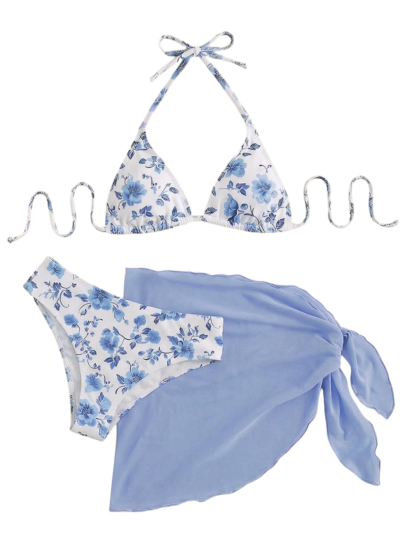 SHENHE Women's 3 Piece Polka Dots Floral Bikini Set with Wrap Coverup Halter Triangle Swimsuits