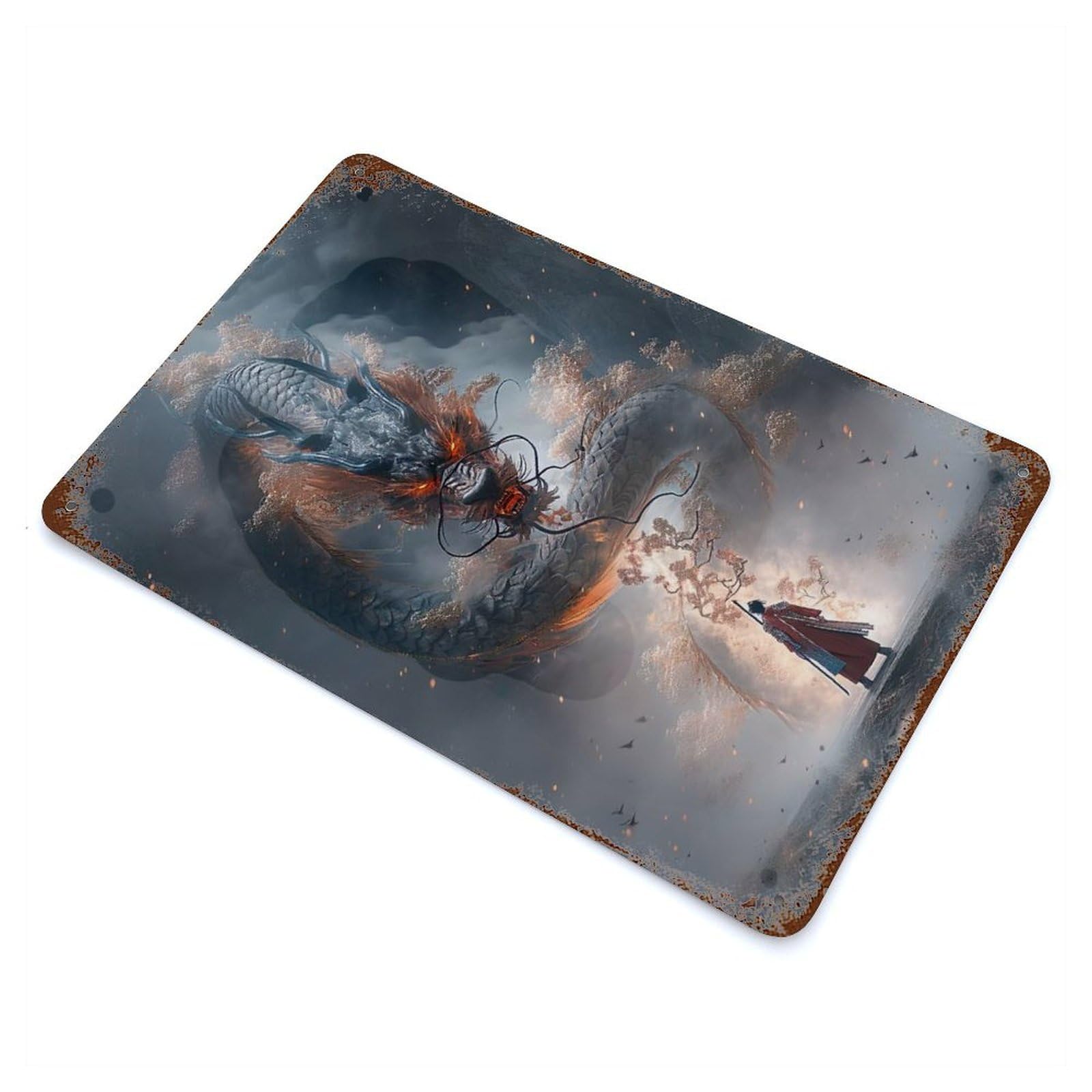 Aged Metal Wall Plaque with Japanese Dragon Design 11.8"x7.9", for Cafe, Home Bar And Lounge Decor, Novelty Wall Decor