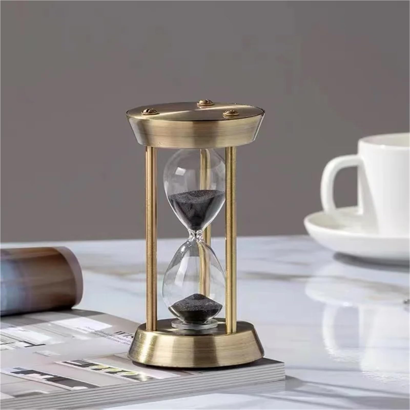 Reloj de Arena vacío, Adorno de Temporizador Reloj Arena Escritorio, Tres pilares Metal, 2 uds(Mini White Sand,10min)