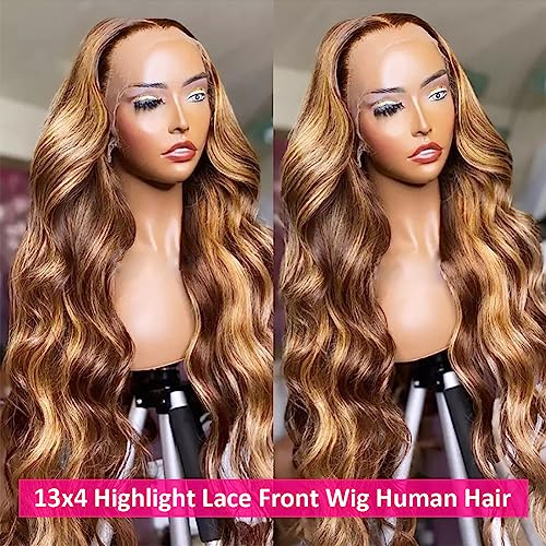 Image of Pizazz Honey Blonde Lace Front Wigs Human Hair Pre Plucked with Natural Hairline 13x4 Glueless Wigs Human Hair 180 Density 4 /27 Highlight Body Wave Lace Frontal Wigs 20 Inch