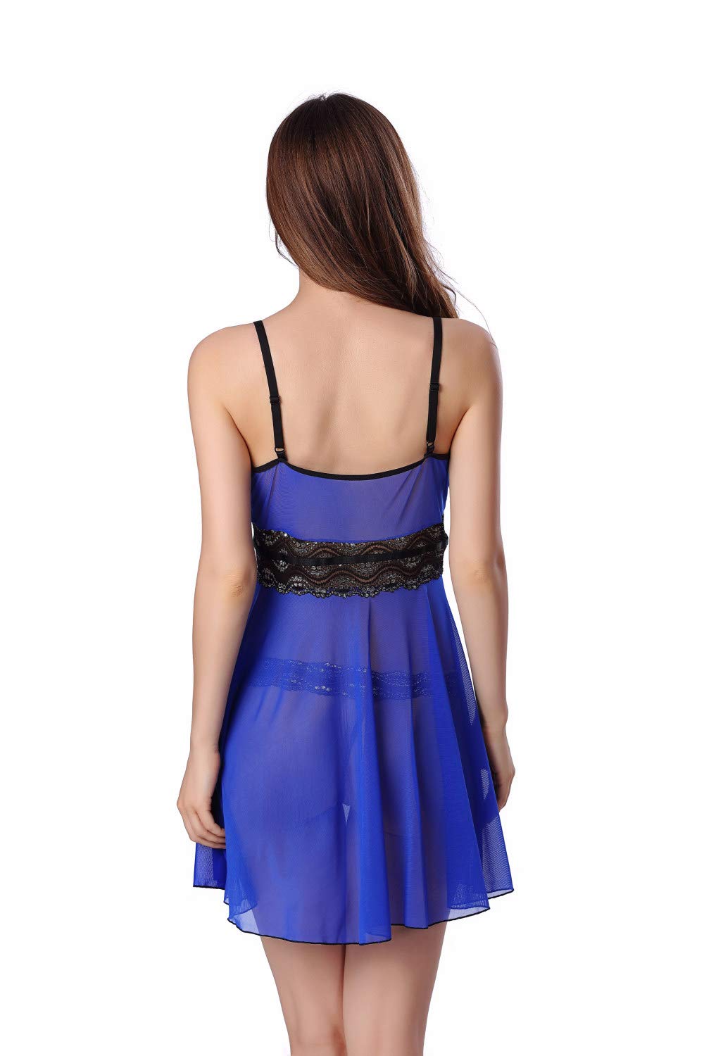 Conjunto de lencería de Encaje Negro con Tanga, camisón de Malla Transparente con Escote en V Profundo (Azul XL) S