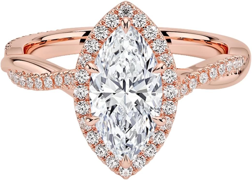 1-2 CT Moissanite Engagement Ring For Womens, Halo & Twist Band Design In Silver, 10K 14K 18K Rose White Yellow Gold Or 950 Platinum, Valentine & Proposal Gift For Her