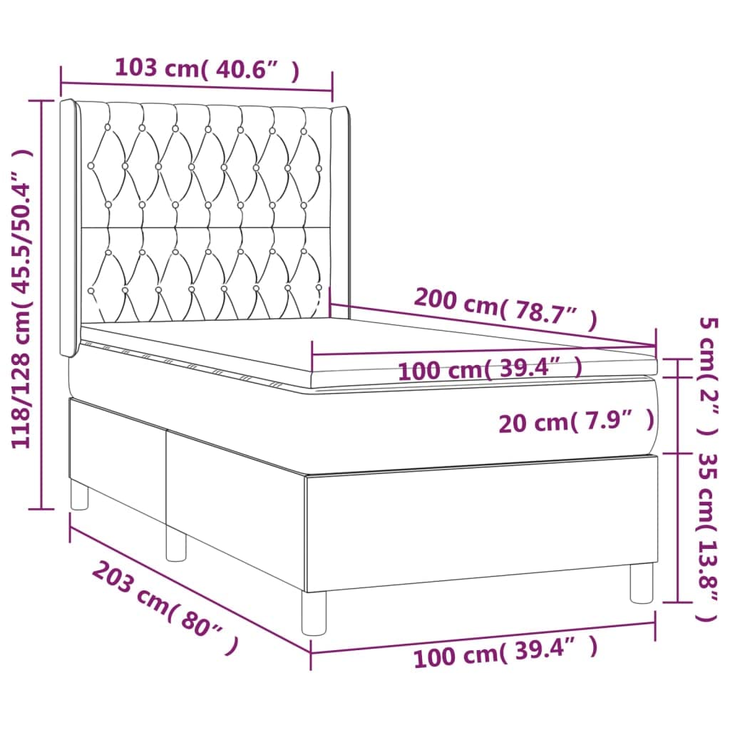 Tkanina z regulowanym zagłówkiem Łóżko kontynentalne Szary 100x200 cm | Łóżko kontynentalne z materacem i zagłówkiem, ciemnoszara tkanina 100x200 cm, sprężyny kieszeniowe