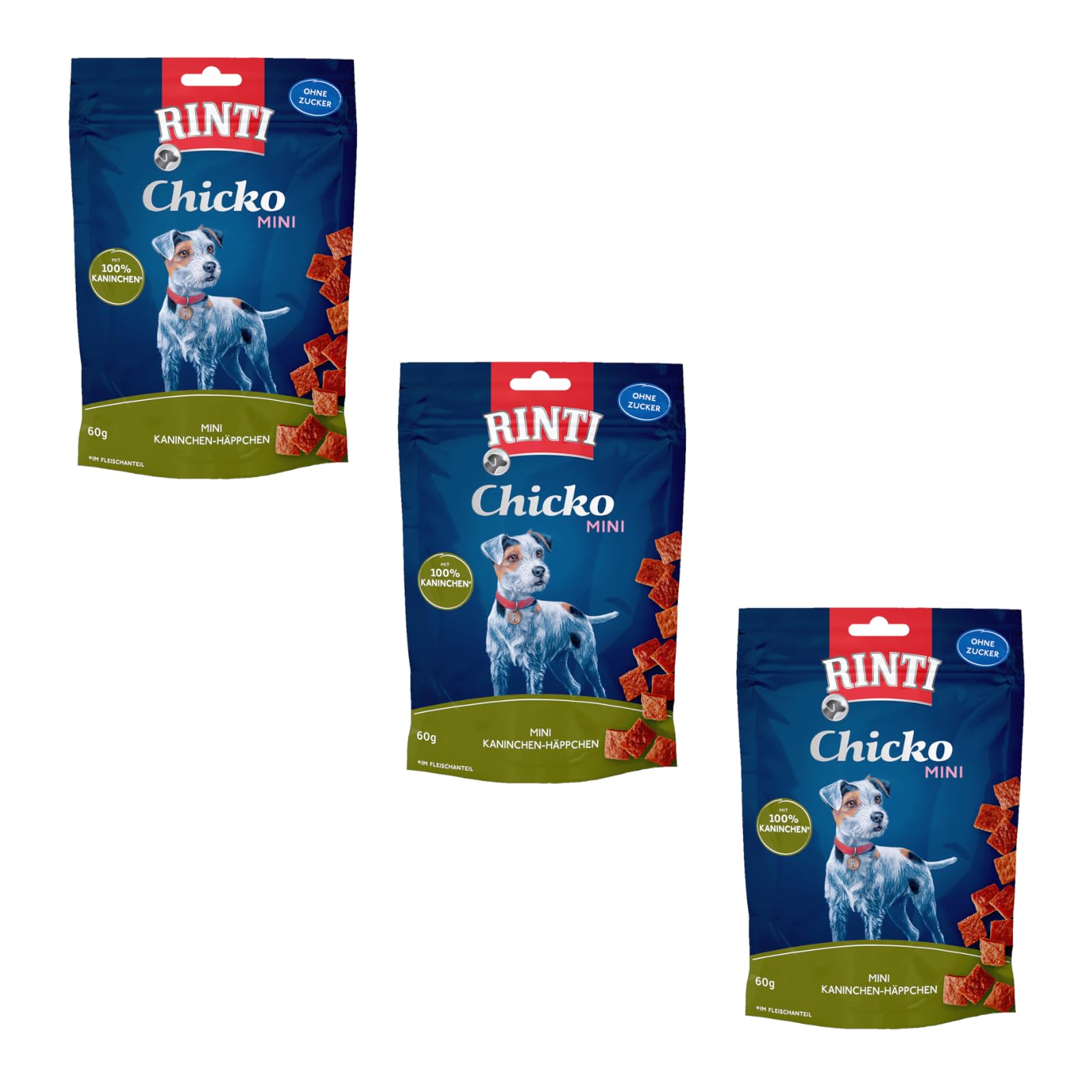 Rinti Chicko Mini | 3 sztuki w opakowaniu | 3 x 60 g | przygotowane ze świeżego mięsa | delikatnie suszone na powietrzu | możliwość ponownego zamknięcia | bez soi i mączki mięsnej