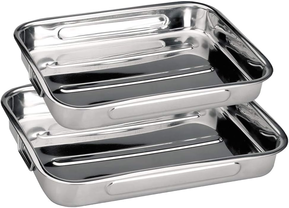 Space Home - Set of 2 Roasting Baking Tins Trays with Handles - Oven Roasting Tin with Handles - Stainless Steel Roasting Oven Baking Tins Trays - Roasting Pan