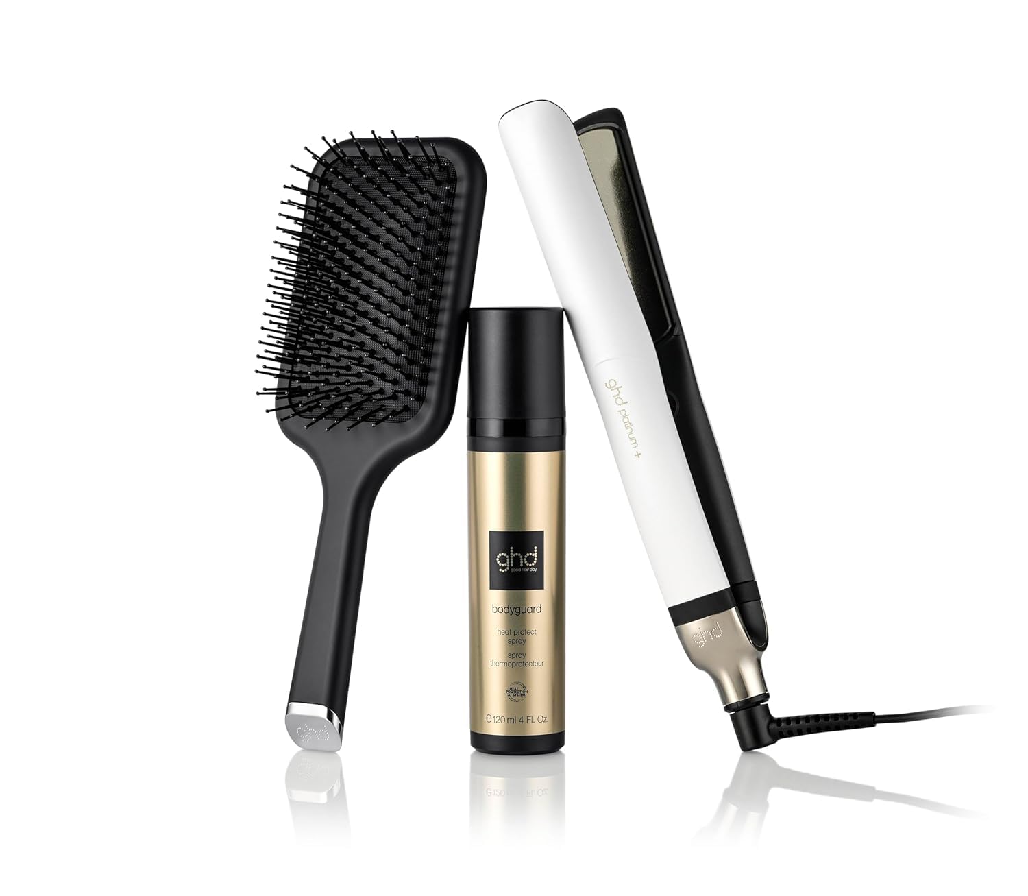 ghd Platinum+ - Plancha de pelo Cerámica profesional e inteligente, incluye spray protector térmico ghd bodyguard y cepillo paddle ghd all rounder, blanco - Exclusivo Amazon