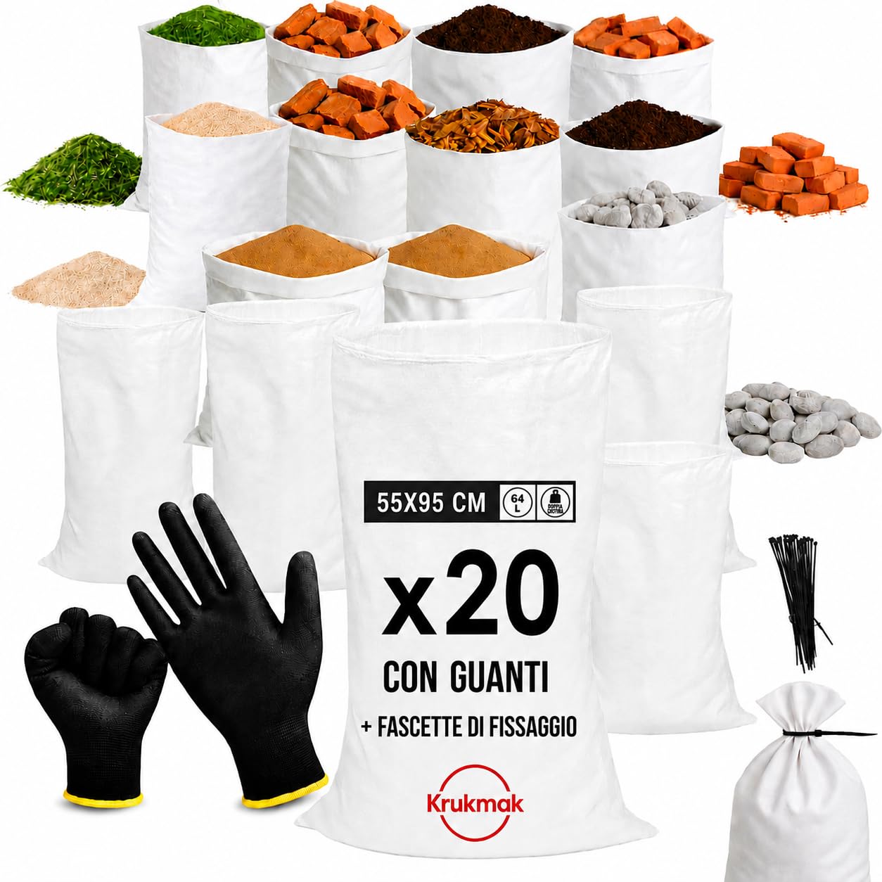20 sacchetti da cantiere, 95 x 55 cm, in polipropilene intrecciato, ultra resistenti, con 20 fascette e 1 paio di guanti da manipolazione