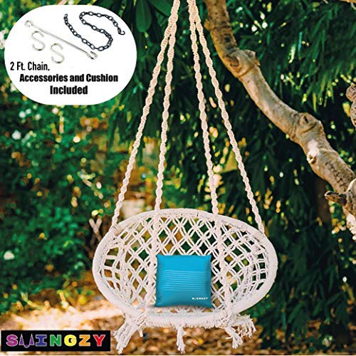 Image of Swingzy Make In India,Cotton Hanging Swing For Adults,Hanging Swing for Kids,100% Cotton Rope Swing for Indoor,Outdoor,Home, Patio, Yard,Balcony,Garden,100 Kg Capacity (White,Hanging Accessories FREE)