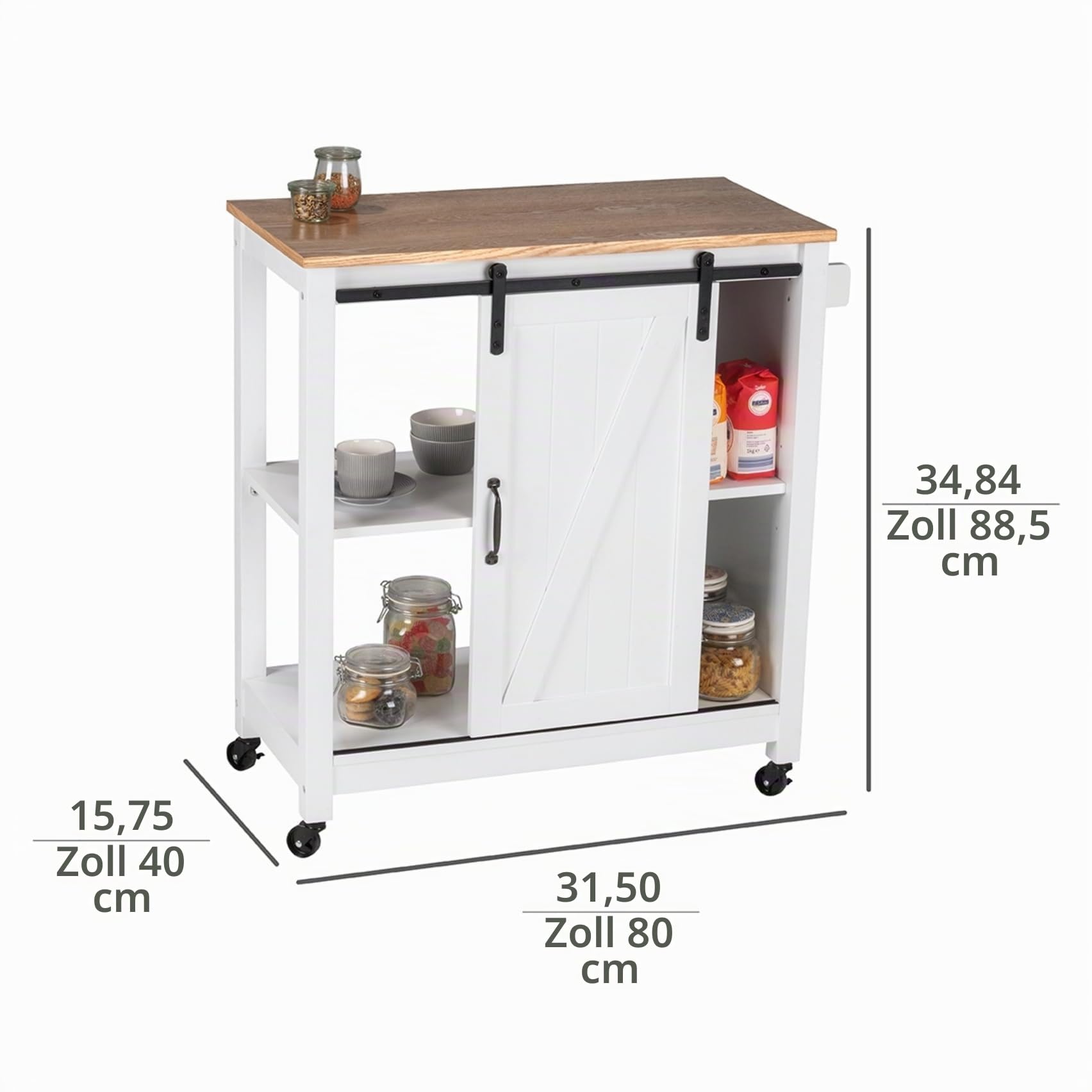 WENKO Küchenwagen Landhaus, stabiler Servierwagen mit 4 Rollen, 3 Ebenen, Schiebetür & praktischem Griff, vielseitig einsetzbar, Beistellwagen im trendigen Landhausstil aus Holz/MDF, 80 x 88,5 x 40 cm Küche, Haushalt & Wohnen