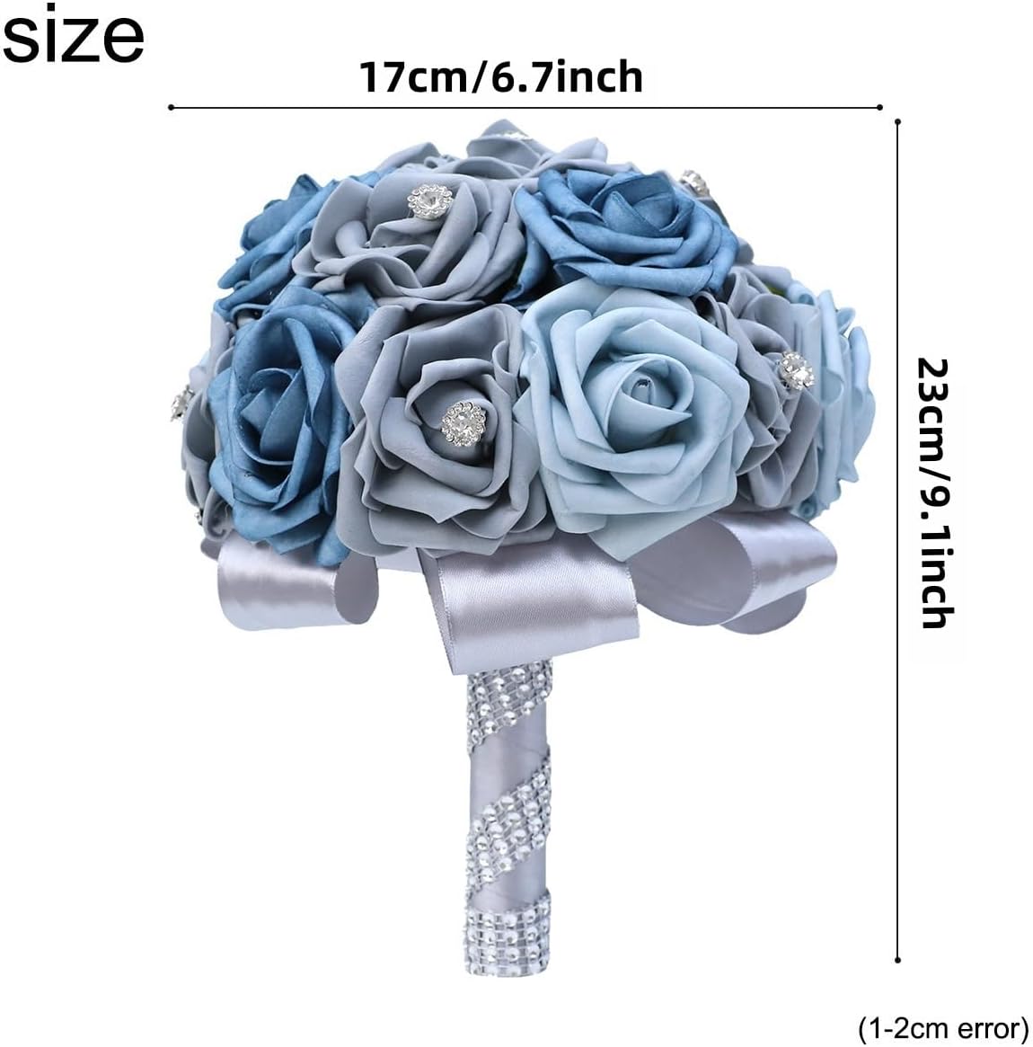 Round Dusty Blue Gray Artificial PE Rose Flowers Wedding Bouquet with Ribbon Rhinestones for Bride Bridesmaid