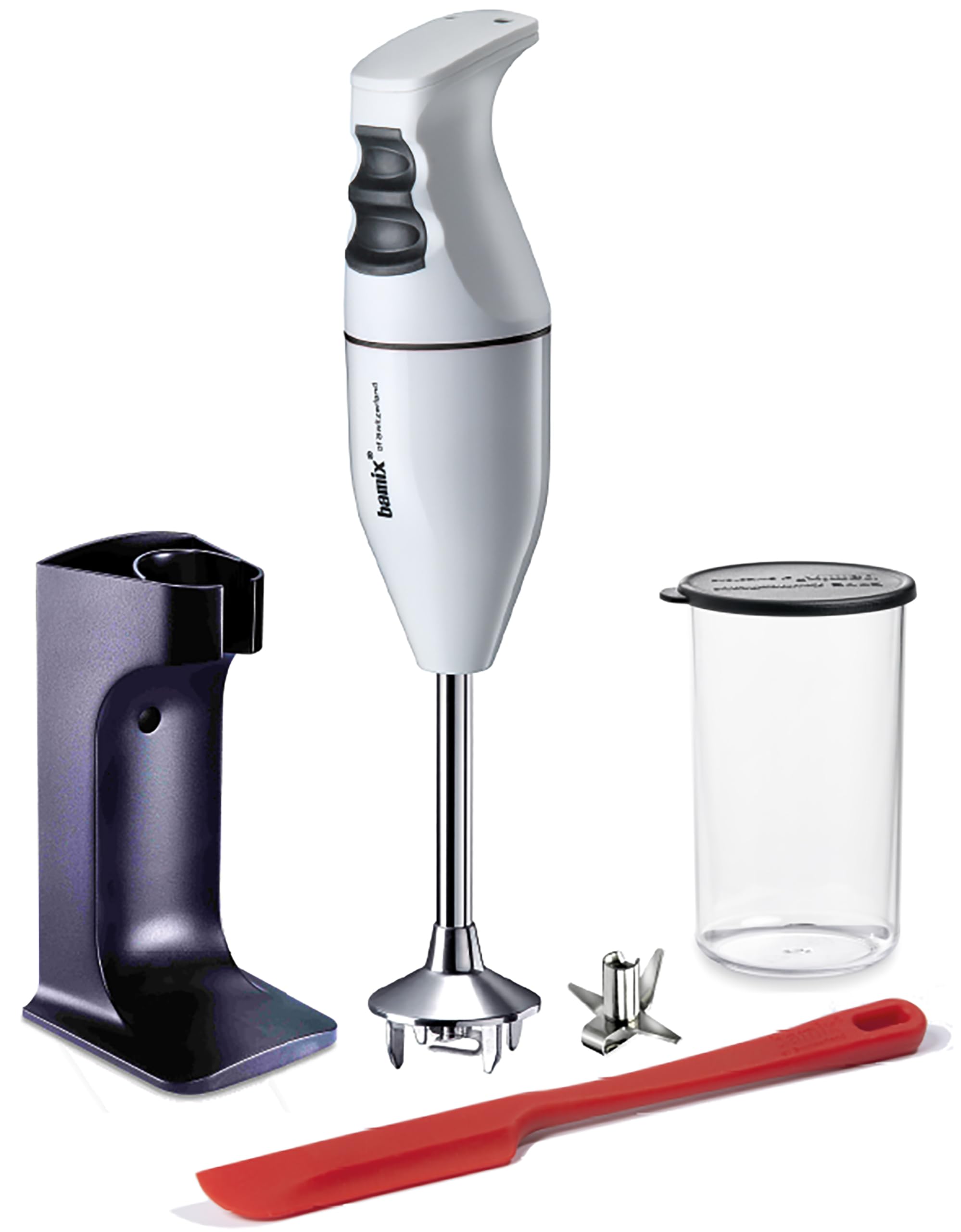 bamix EO180 CLASSIC PLUS blender ręczny zestaw wraz ze stojakiem, 1 kubkiem, 1 nożem wielofunkcyjnym, 180 W, wyprodukowano w Szwajcarii, biały/czarny
