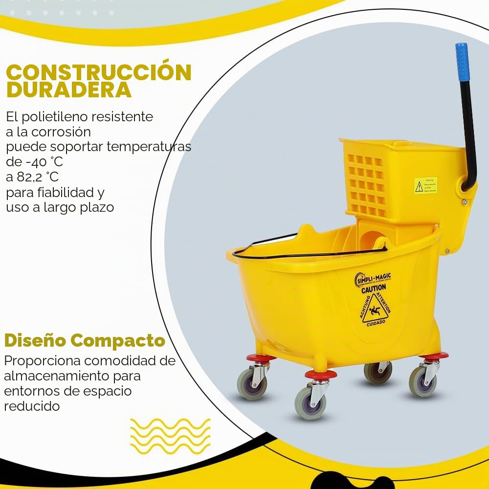 Simpli-Magic 79358 Cubo de fregona Comercial con escurridor de Prensa Lateral, 26 Cuartos de galón, Amarillo