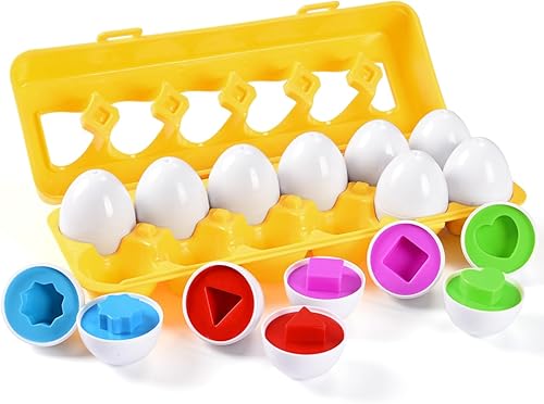MAGIFIRE Huevos de juguete para niños pequeños de 1 a 3 a 12 huevos de plástico a juego, medianos, colores y formas surtidos, juego Montessori a
