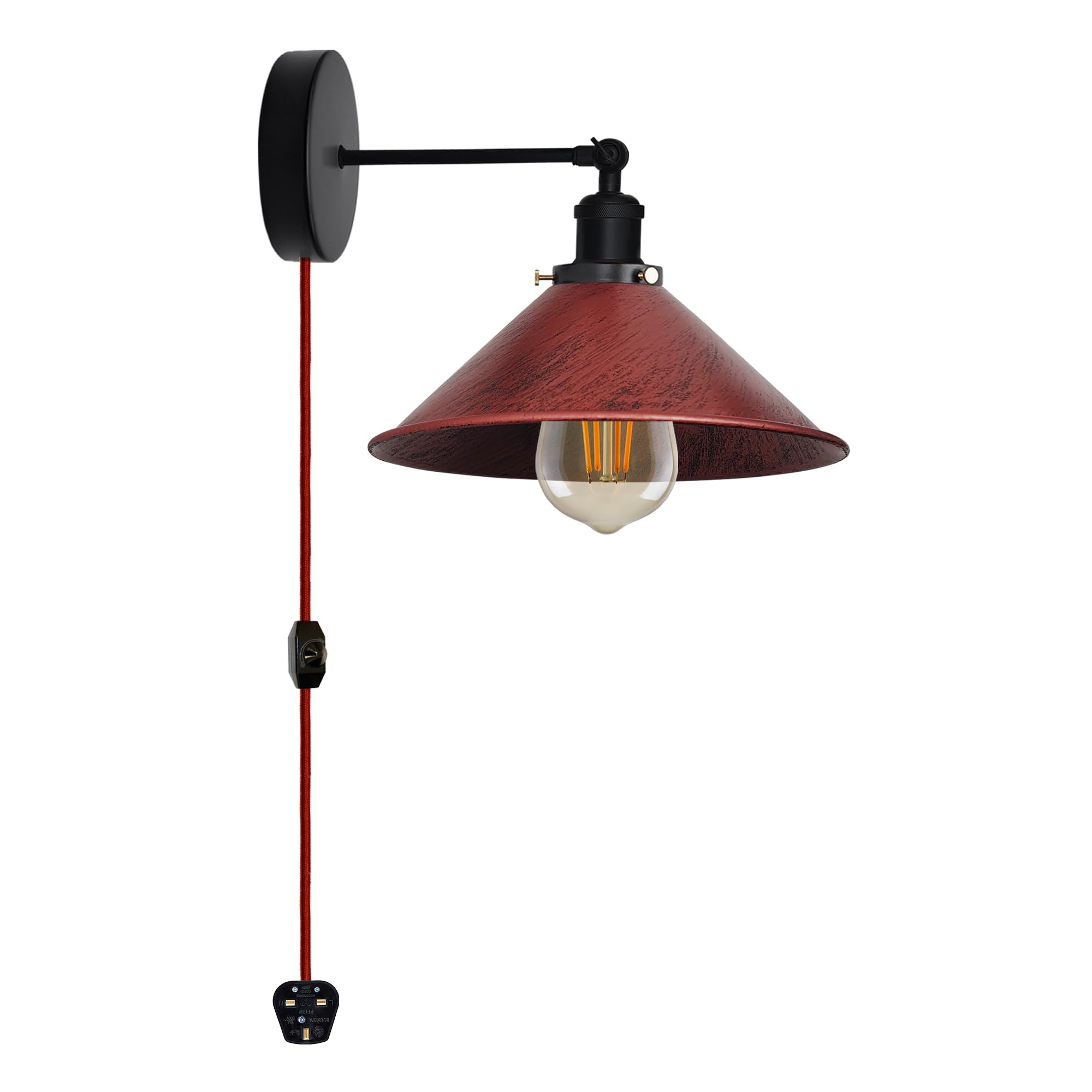 DC VOLTAGE Metal Industrial Wall Sconce Plug Pendant Lamp Shade Rustic Red 22 cm Cone Shape Rustic Light Base Easy Fit for Indoor Room Restaurant Hallway.