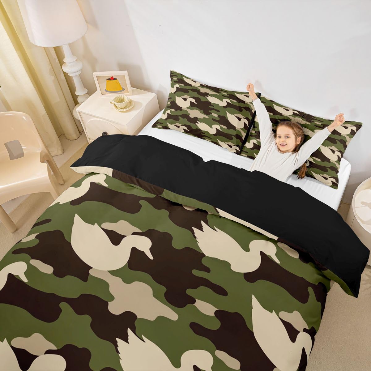 Homewish Wiejska kaczka moro king size zestawy poszewek na kołdrę dzika przyroda sylwetka krzyżówki pościel dla dorosłych nastolatków kobiet oliwkowa zieleń abstrakcyjny wzór wojskowa poszwa na kołdrę