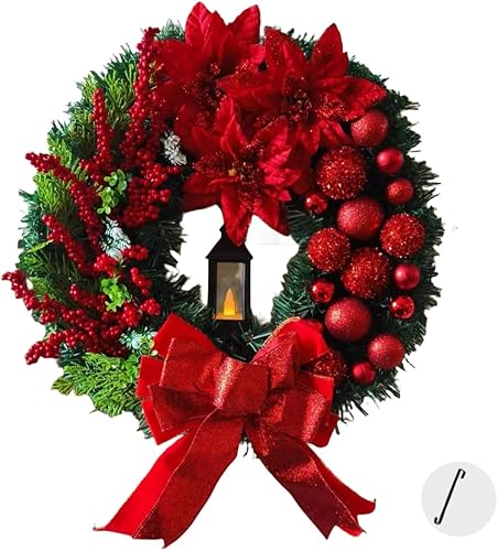 Corona de Navidad con lámpara de aceite LED, funciona con pilas (no incluida), lazo rojo grande, adornos de bayas, decoración de puerta de Navidad