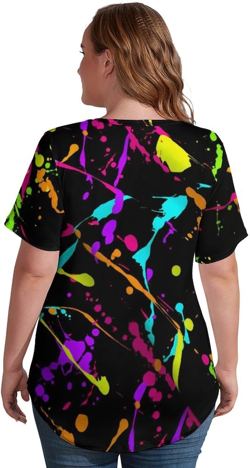 Glow in Dark Splatter Neon Short Sleeve Shirts for Women Fashion V Neck T-Shirt Women's Summer Tops - Image 5
