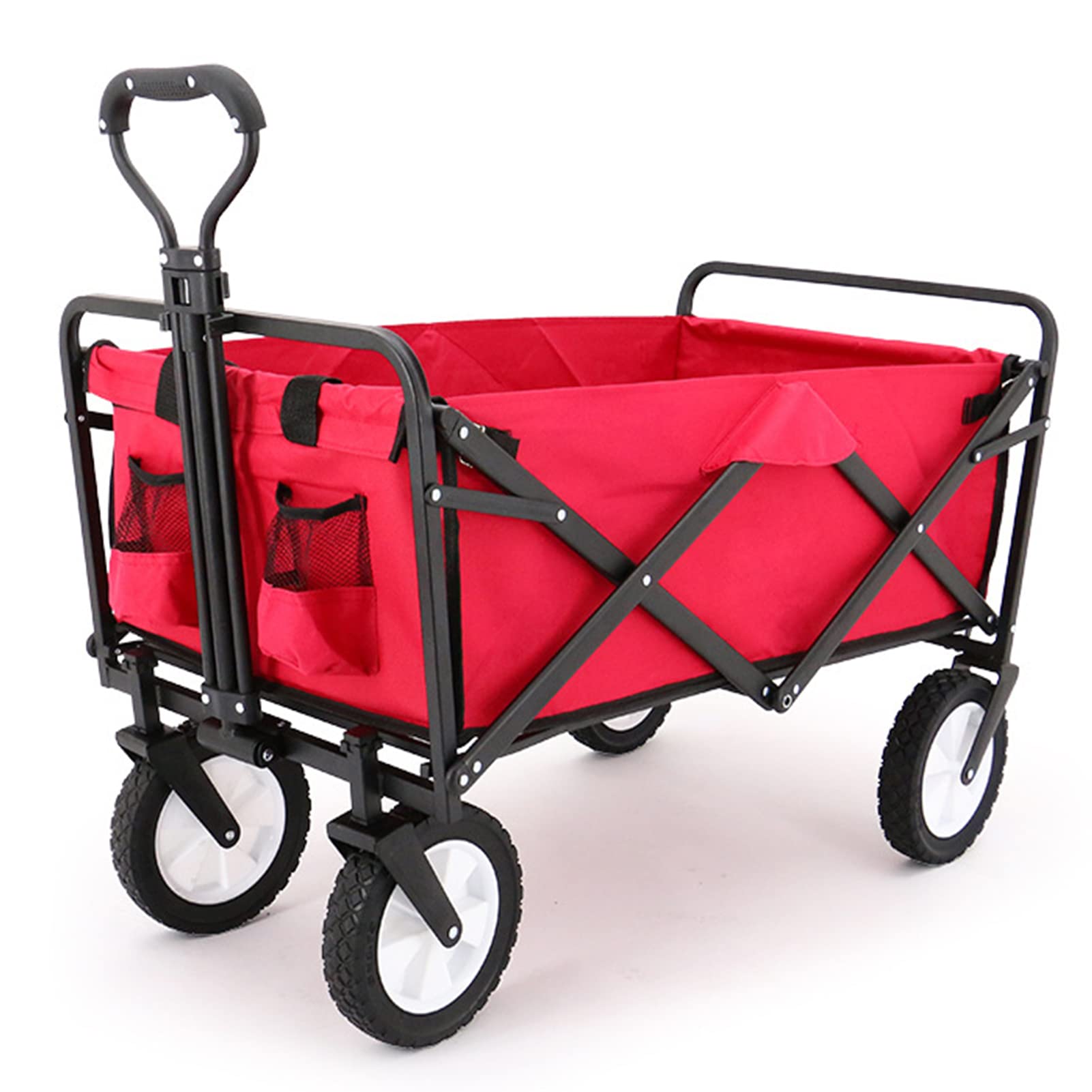 Beauenty Foldable Utility Wagon with Universal Wheels, Heavy Duty Garden Portable Hand Cart, Large Capacity Grocery Wagon for Camping, Shopping, Beach, SportsAdjustable Handle & Drink Holders (Red)
